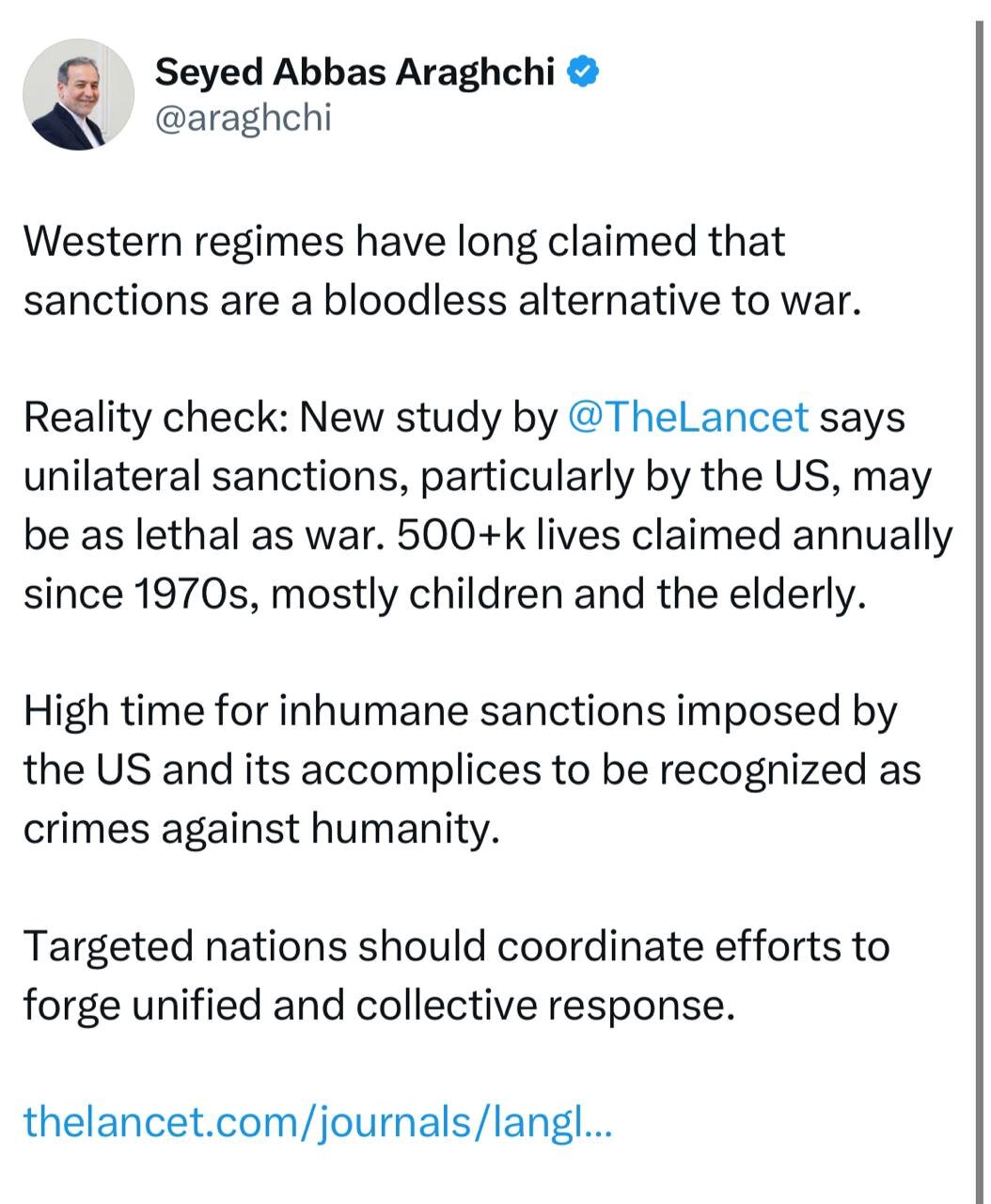 عراقچی:وقت آنست که تحریم‌ها به‌عنوان جنایت علیه بشریت شناخته شوند؛اما واقعیت چیست؟ /عکس