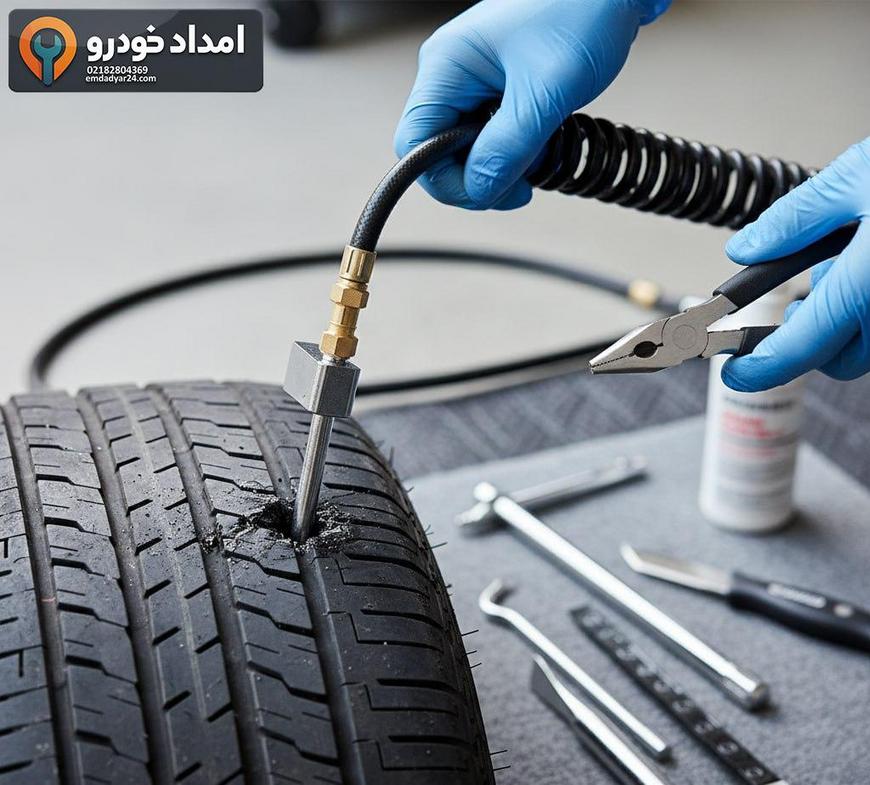 جزئیات پنچرگیری با ابزار تمیز و حرفه‌ای: کیت، کمپرسور و دستکش