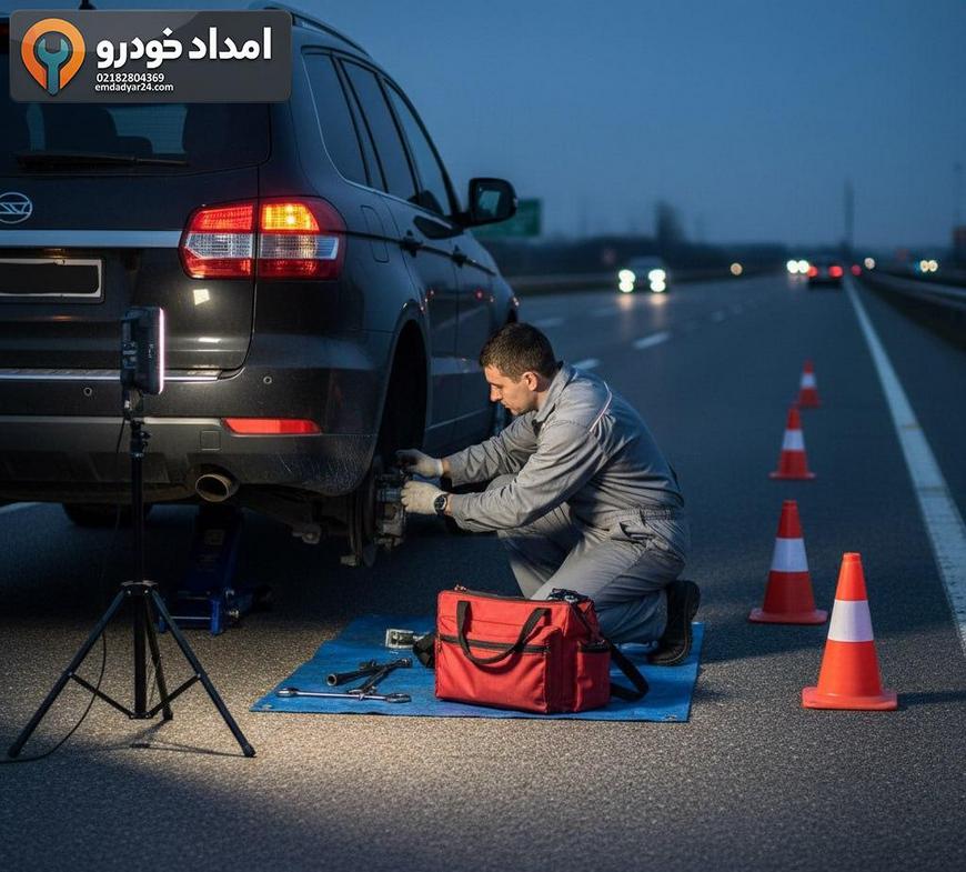 رسیدگی در محل با رعایت ایمنی: مخروط‌ها، چراغ خطر و نور کار برای تعمیر کنار جاده