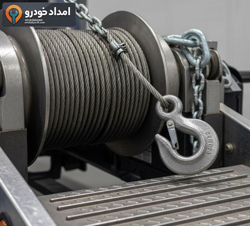 جزئیات ایمنی حمل: قلاب وینچ با ضامن، کابل سالم و زنجیر پشتیبان